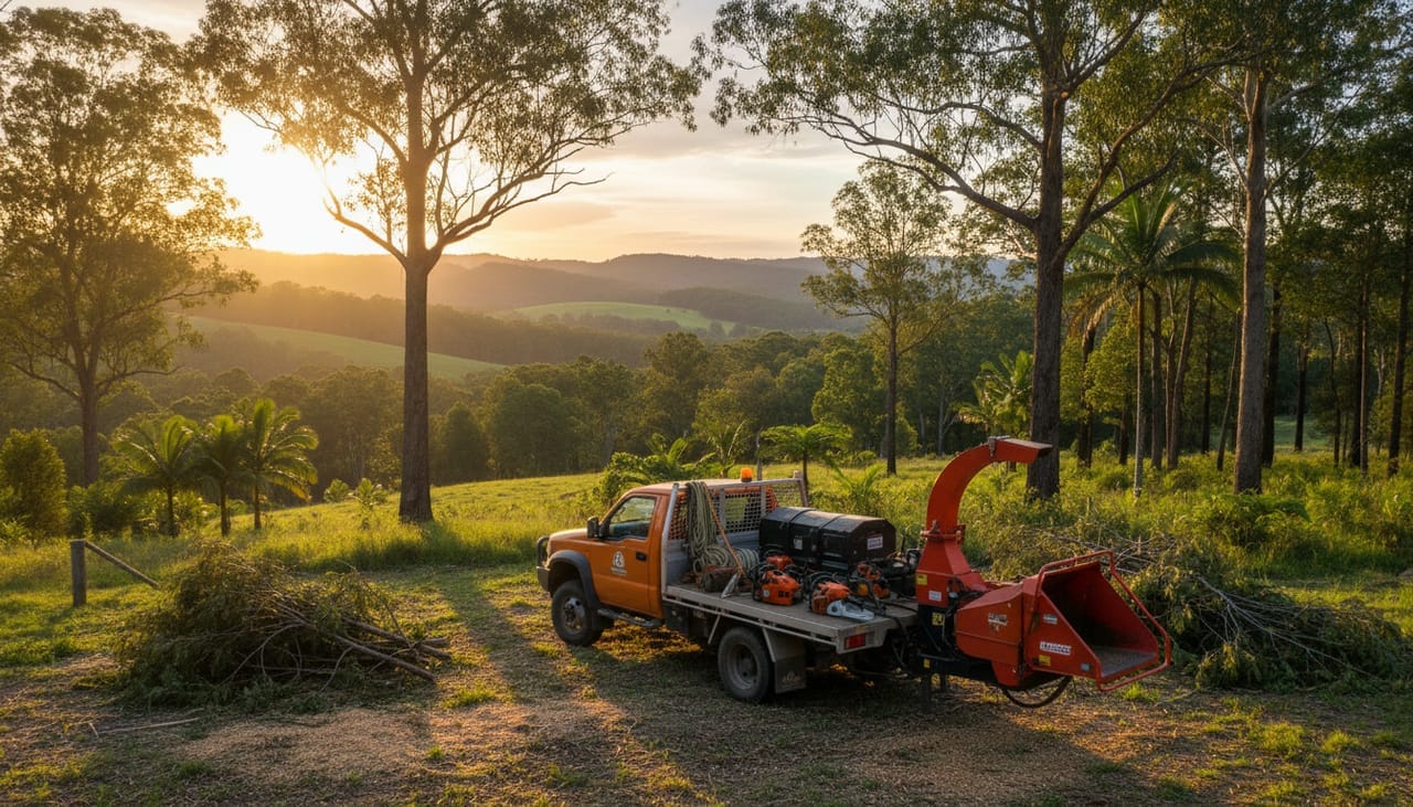 Maleny Arborist work truck and wood chipper on site in Maleny